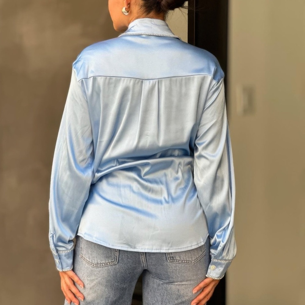 Rhinestone Diamond Lined Button Down Satin Blouse - Picture 6 of 6